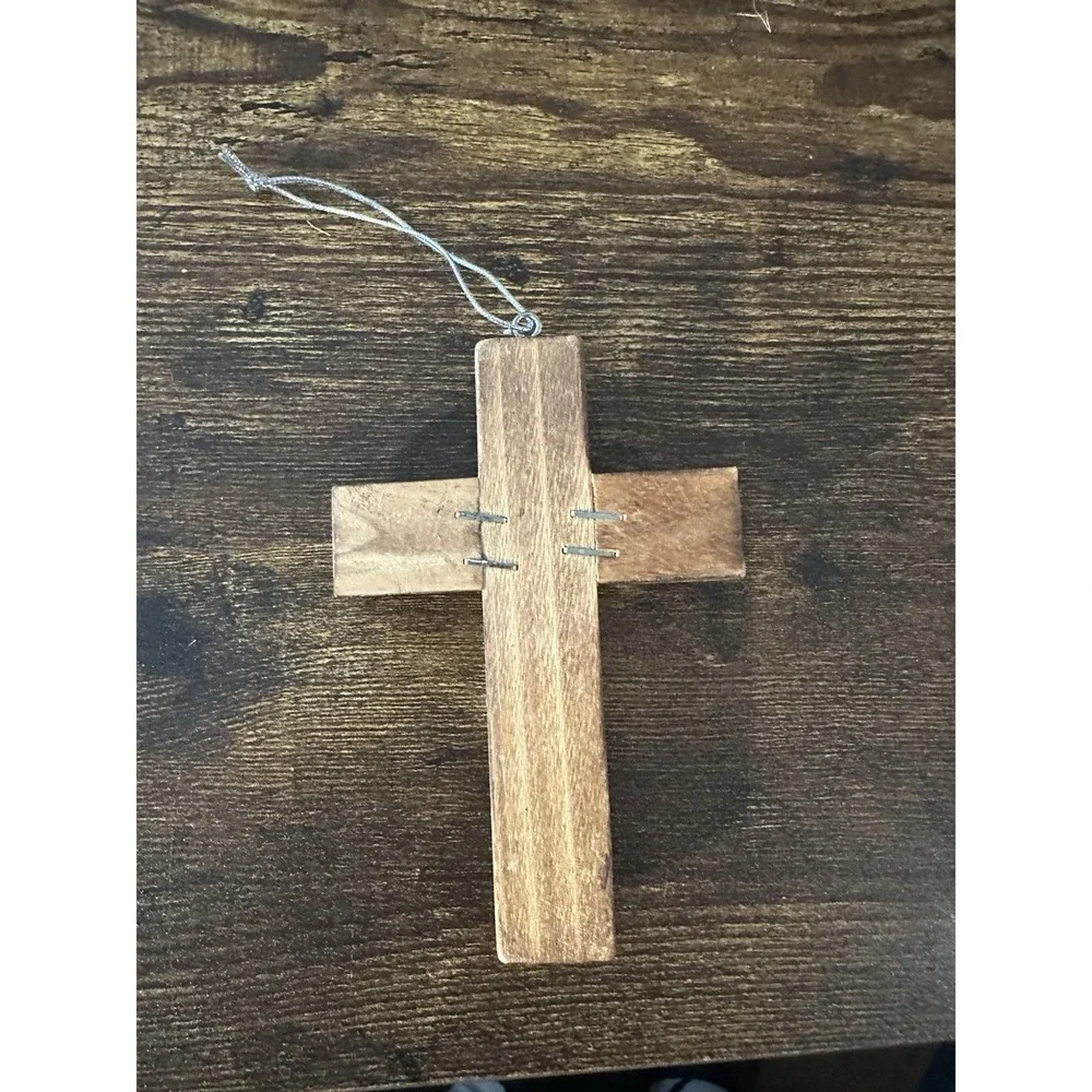 Rustic Wood Cross Ornament Silver Fleur De Lis Rhinestone Christian Decor 5